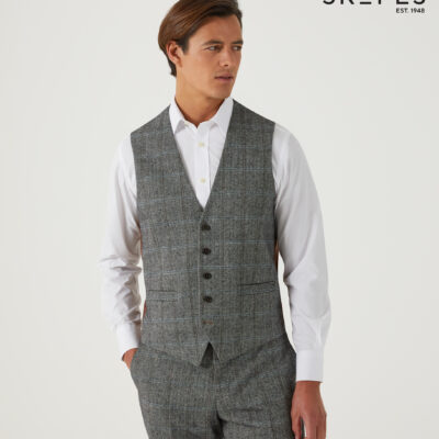 ROWAN - SKOPES WOOL BLEND HERRINGBONE WAISTCOAT WITH OVER CHECK BROWN
