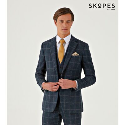 HEATON - SKOPES WOOL BLEND HERRINGBONE JACKET WITH OVER CHECK NAVY
