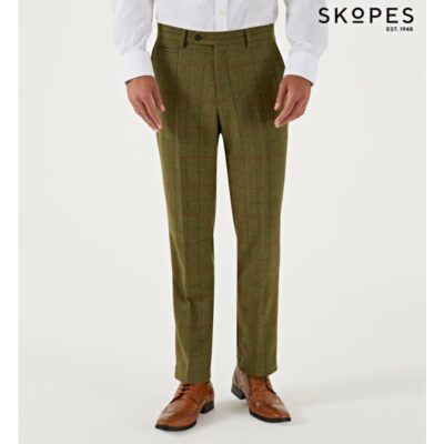 OSWIN - SKOPES WOOL BLEND HERRINGBONE TWEED TROUSERS WITH OVER CHECK GREEN