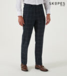 HEATON - SKOPES WOOL BLEND HERRINGBONE TROUSERS WITH OVER CHECK NAVY