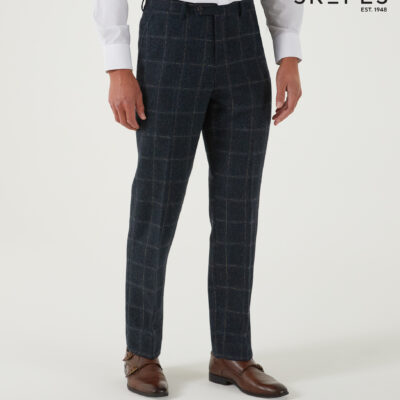 HEATON - SKOPES WOOL BLEND HERRINGBONE TROUSERS WITH OVER CHECK NAVY