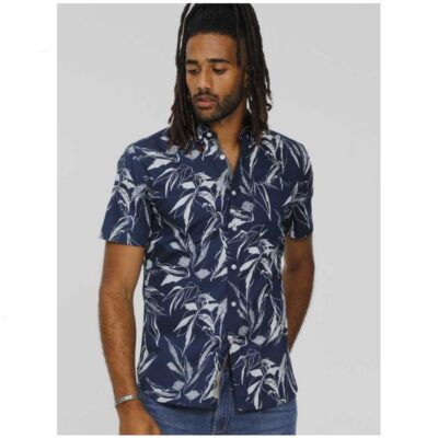 D555 Finley Mans Cotton Short Sleeve Hawaiian Shirt Navy