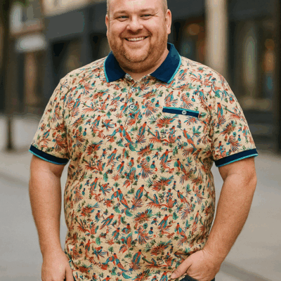 KAM ALL OVER DIGITAL PARROT PRINT POLO WITH TIPPED COLLAR AND CUFFS 