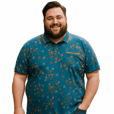 KAM ALL OVER DIGITAL FLORAL PRINT POLO WITH TIPPED COLLAR AND CUFFS BLUE -