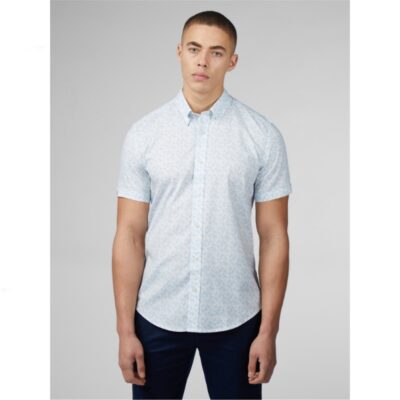 BEN SHERMAN SHORT SLEEVE OPTIC GEO PRINT SHIRT SNOW WHITE