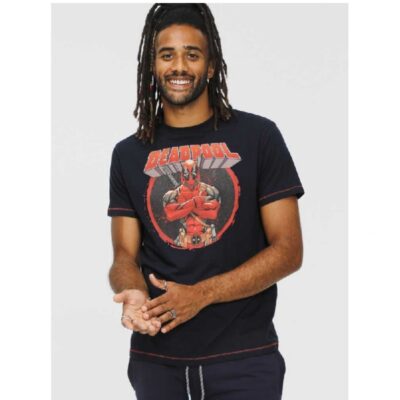 D555 WADE OFFICIAL LICENSED DEADPOOL PRINTED CREW NECK T-SHIRT DARK NAVY