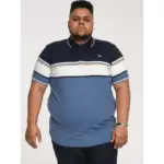 D555 OFFLEY STRIPE JERSEY POLO WITH RIBBED CUFFS NAVY / DENIM MARL