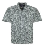 ESPIONAGE ABSTRACT PRINT SHORT SLEEVE SHIRT WITH REVERE COLLAR OLIVE