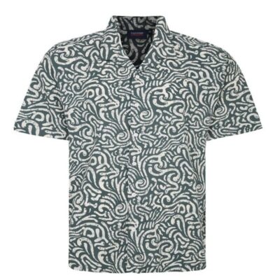 ESPIONAGE ABSTRACT PRINT SHORT SLEEVE SHIRT WITH REVERE COLLAR OLIVE