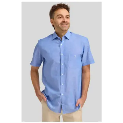 dtls1202 mid blue linen blend short sleeve shirt