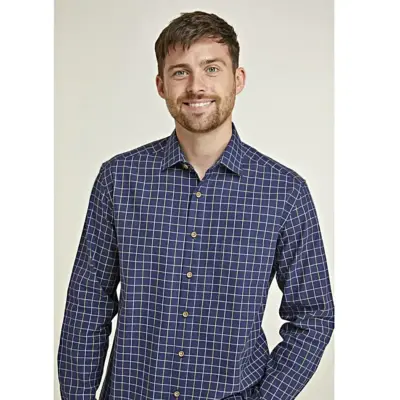 DOUBLE TWO LIFESTYLE NAVY TWILL LONG SLEEVE WINDOWPANE CHECK CASUAL SHIRT