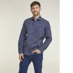 DOUBLE TWO LIFESTYLE NAVY TWILL LONG SLEEVE WINDOWPANE CHECK CASUAL SHIRT