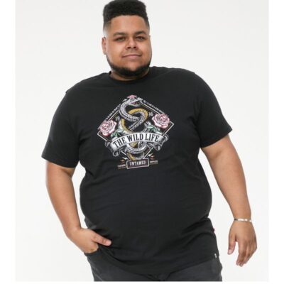 D555 MALCOM SNAKE AND ROSES PRINTED CREW NECK TEE SHIRT BLACK