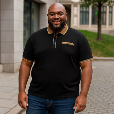 KAM JERSEY POLO WITH JACQUARD COLLAR AND CUFFS BLACK