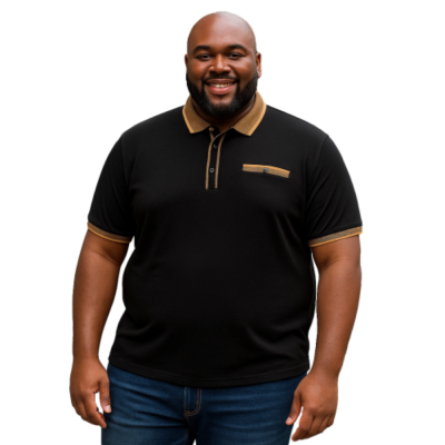 KAM JERSEY POLO WITH JACQUARD COLLAR AND CUFFS BLACK