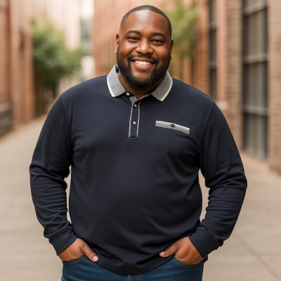 KAM LONG SLEEVE JERSEY POLO WITH JACQUARD COLLAR AND CUFFS NAVY