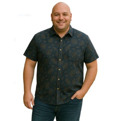 DOUBLE TWO Lifestyle Navy and Gold Leaf Print Short Sleeve Shirt DTLS1254