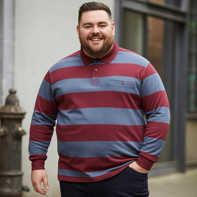 KAM Long Sleeve Stripe Rugby Polo INDIGO/MAROON KBA5535
