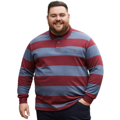 KAM Long Sleeve Stripe Rugby Polo INDIGO/MAROON KBS5535