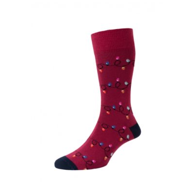 HJ HALL CHRISTMAS LIGHTS MOTIF SOCKS RED 6-11 UK