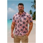 KAM Short Sleeve Palm Print Shirt PINK KBS6078