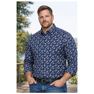 £55 2XL - 6XL DG'S DRIFTER Floral Print Designer Shirt Long Sleeve 14930 NAVY