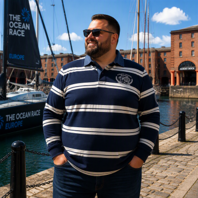 2XL to 8XL KAM Long Sleeve Multi Stripe Rugby Polo NAVY KBS5561