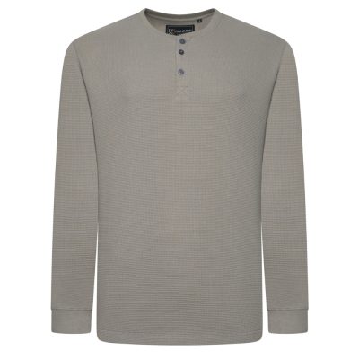 KAM Long Sleeve Waffle Henley Top SAGE KBS5834 - Step into cooler days with this fabulous mid weight handle Waffle Casual top, designed for those who appreciate comfort and style in equal measure. This Long Sleeve tee shirt is a perfect pick for autumn and winter, combining warmth with a casual look, and features a versatile grandad style 3 button opening and neckline Big sizes in stock 2XL 3XL 4XL 5XL 6XL . The Kam Polo is tailored for plus sizes ensuring a relaxed yet polished fit. Its long sleeves offer extra coverage when temperatures drop, making it an ideal layering piece or standalone top during the cooler seasons.
