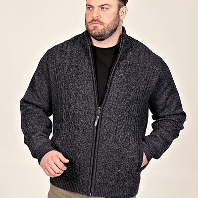 D555 Big Mens Cable Knitted Sweater With Full Zip and Bonded Check Lining EAMON CHARCOAL 802002